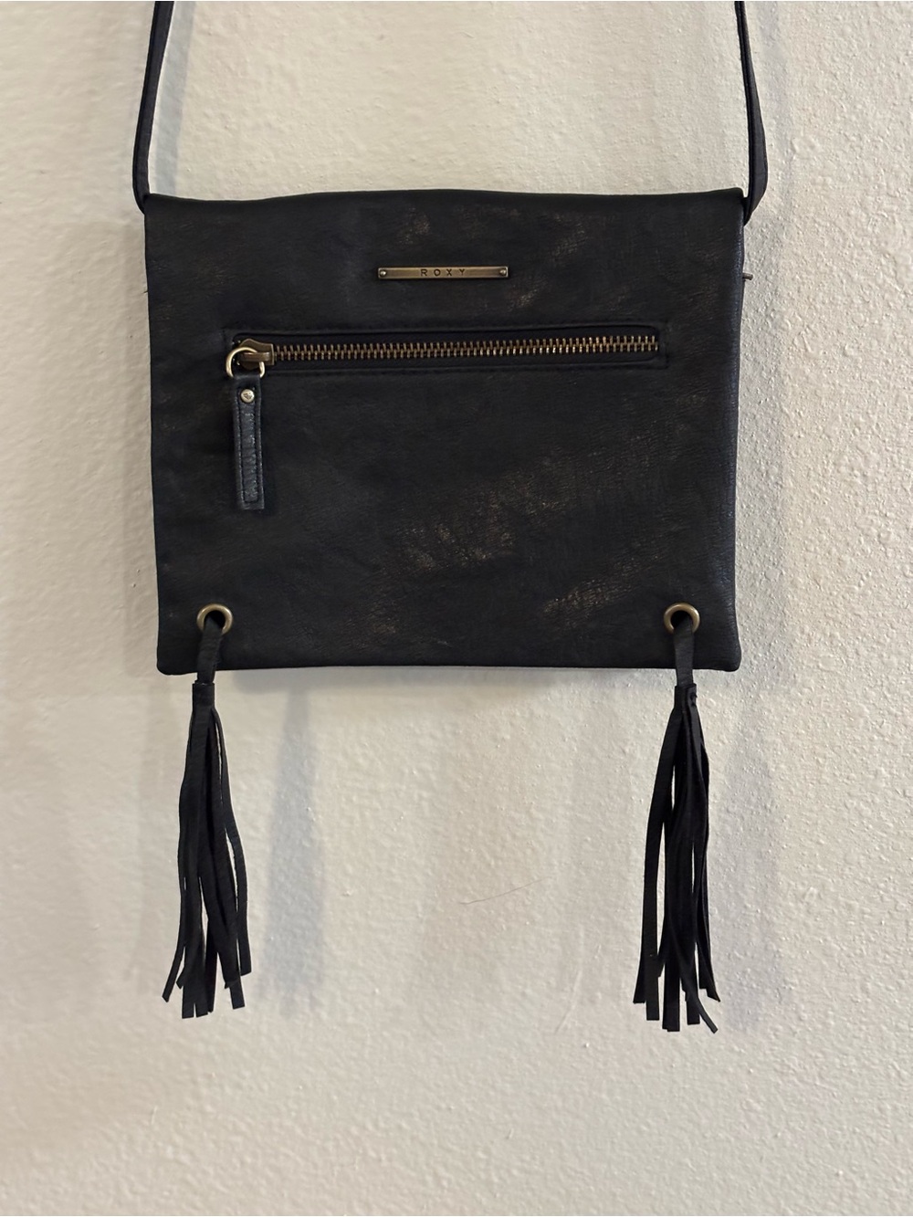 Roxy black leather crossbody tassels